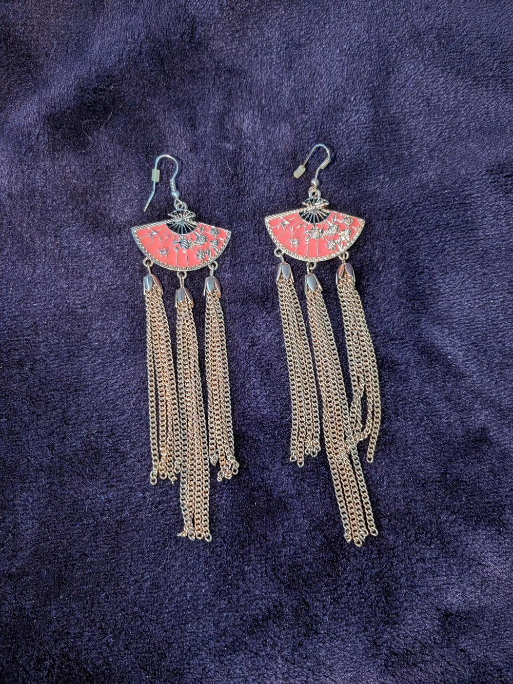 Coral Fan Tassel Drop Earrings